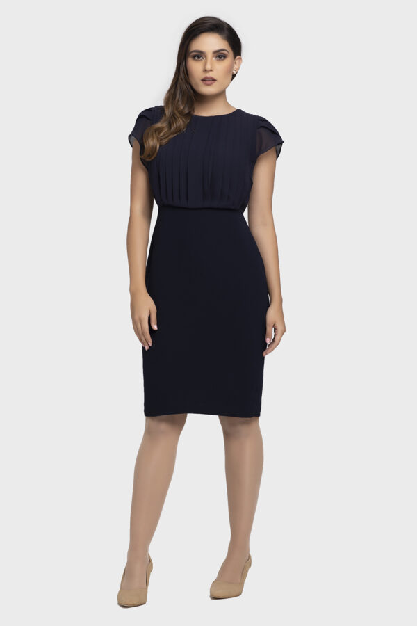 Navy Pleated Tulip Sleeve Chiffon Dress