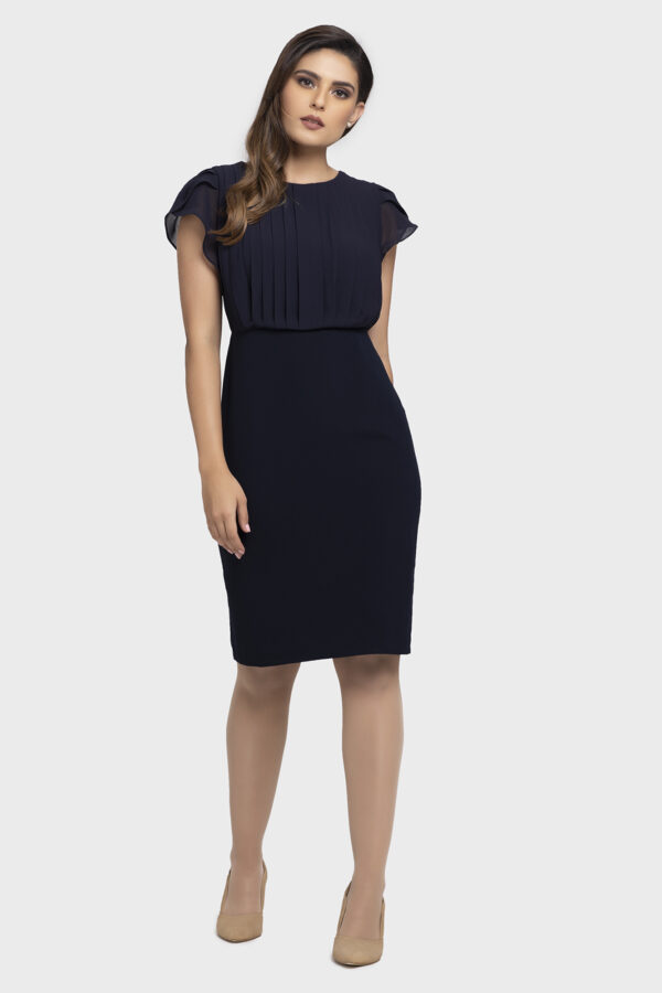Navy Pleated Tulip Sleeve Chiffon Dress - Image 4