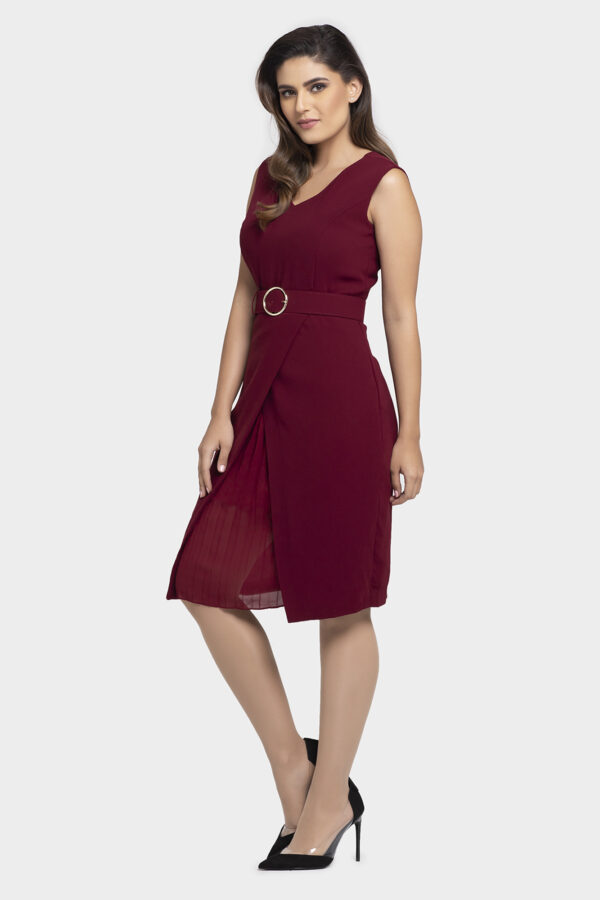 Gold Ring Belt Pleated Wrap Dress - Image 5