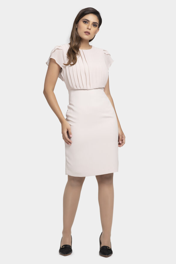 Beige Pleated Tulip Sleeve Chiffon Dress - Image 6