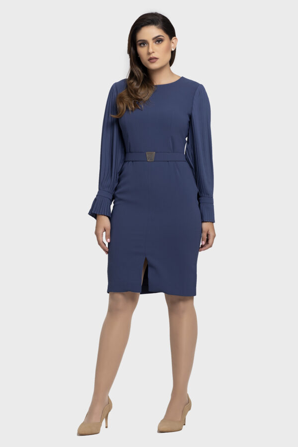Blue Chiffon Pleated Sleeve Dress - Image 2