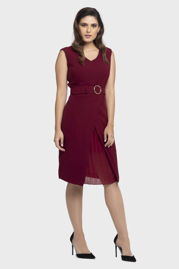Gold Ring Belt Pleated Wrap Dress - Image 4