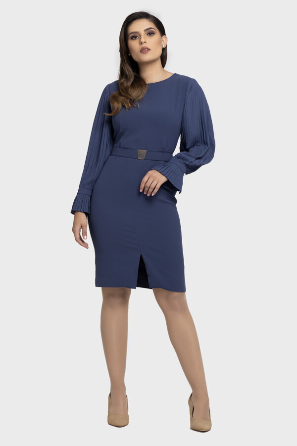Blue Chiffon Pleated Sleeve Dress - Image 6