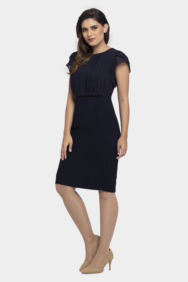 Navy Pleated Tulip Sleeve Chiffon Dress - Image 3