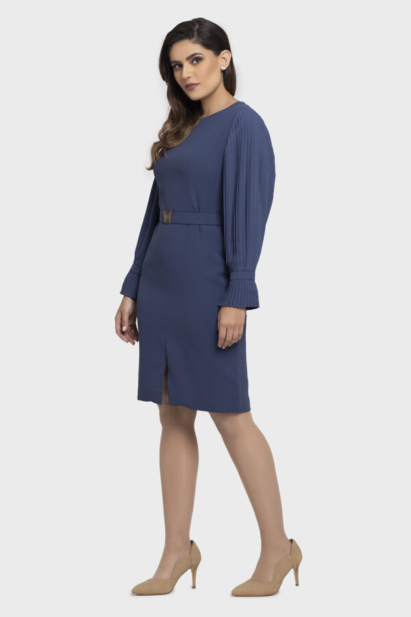Blue Chiffon Pleated Sleeve Dress - Image 5