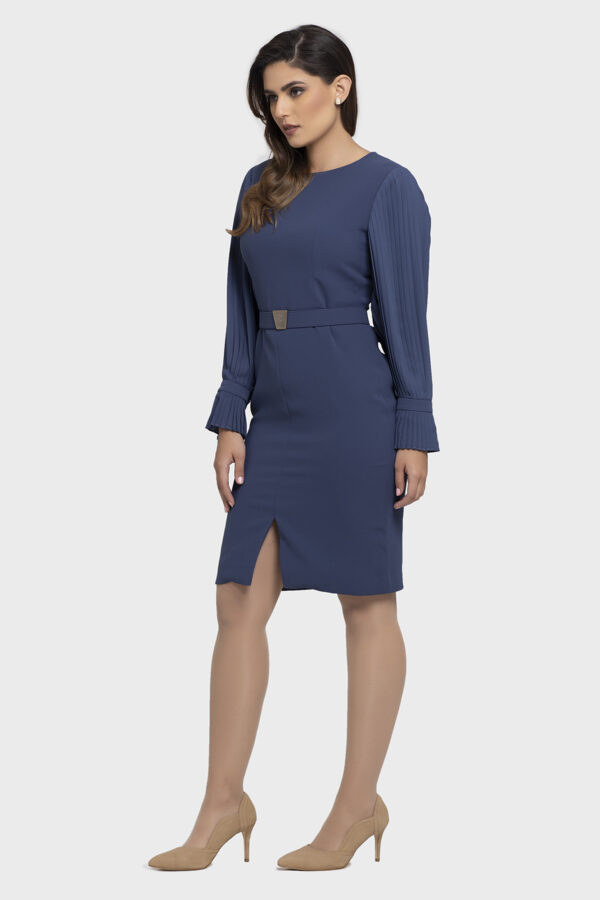 Blue Chiffon Pleated Sleeve Dress - Image 4