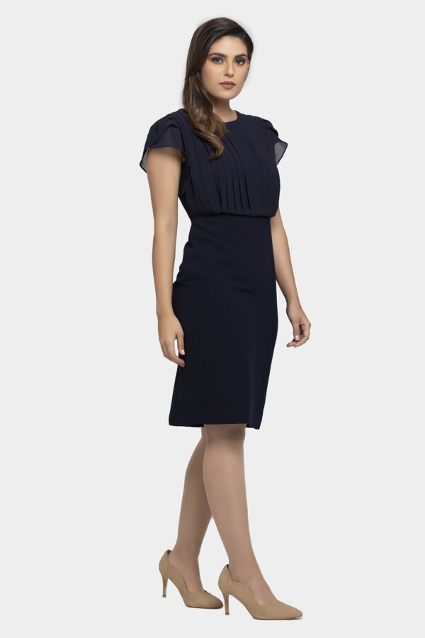 Navy Pleated Tulip Sleeve Chiffon Dress - Image 2