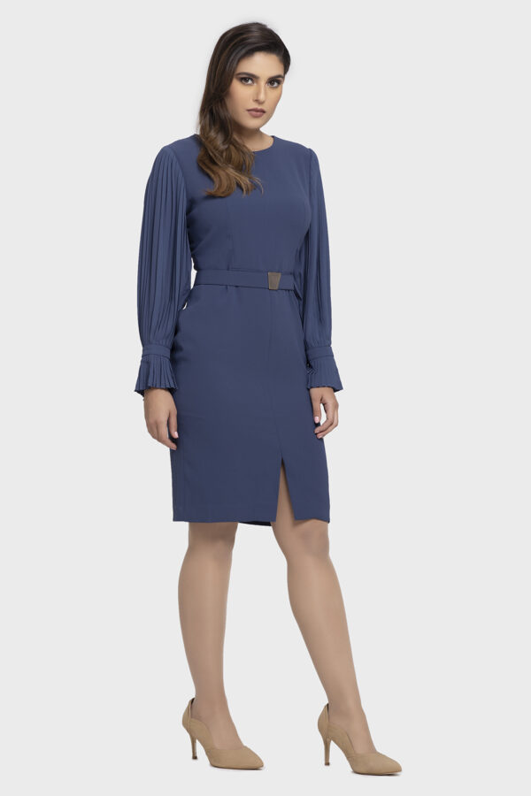 Blue Chiffon Pleated Sleeve Dress - Image 3